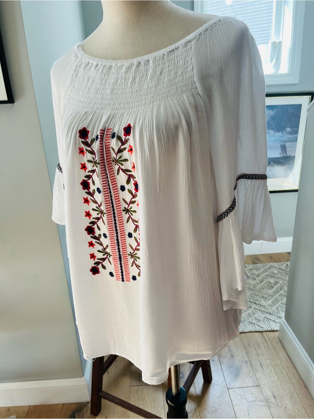 STUDIO WEST APPAREL Top Boho Embroidered Long Flutter Sleeve Blouse